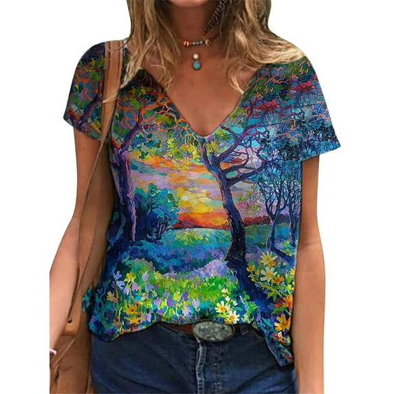 LilyLLL Womens Graphic Floral Print Short Sleeve V Neck T-shirt Tops Casual Loose Blouse Tee