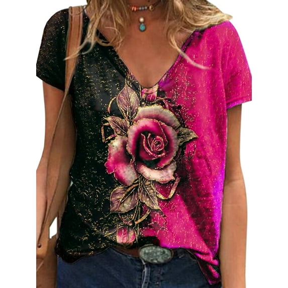 LilyLLL Womens Short Sleeve V Neck Floral Print T Shirt Loose Fancy Tops