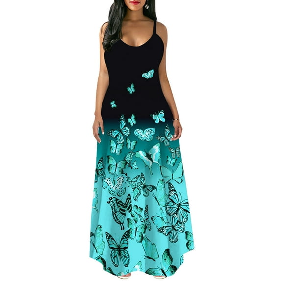 LilyLLL Womens Sleeveless Butterfly Printed Long Maxi Dress Summer Beach Sundress