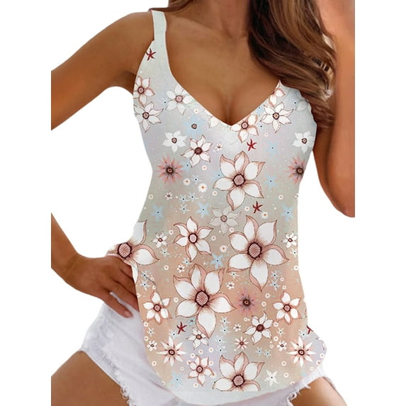 LilyLLL Womens Sleeveless V Neck Camisole Tank Top Summer Floral Blouse Tee