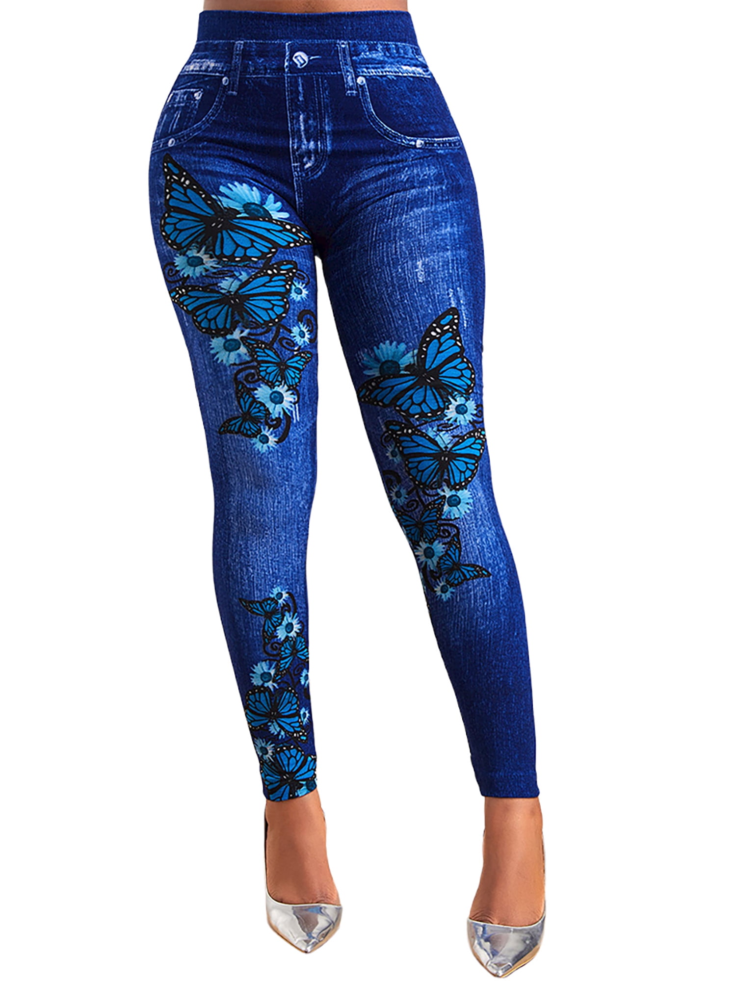Blue Butterfly Print Faux Denim Jeans Leggings For Women Slim