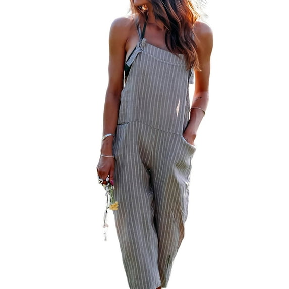 LilyLLL Womens Striped Print Baggy Dungaree Bib Jumpsuit Wide Leg Pockets Overall