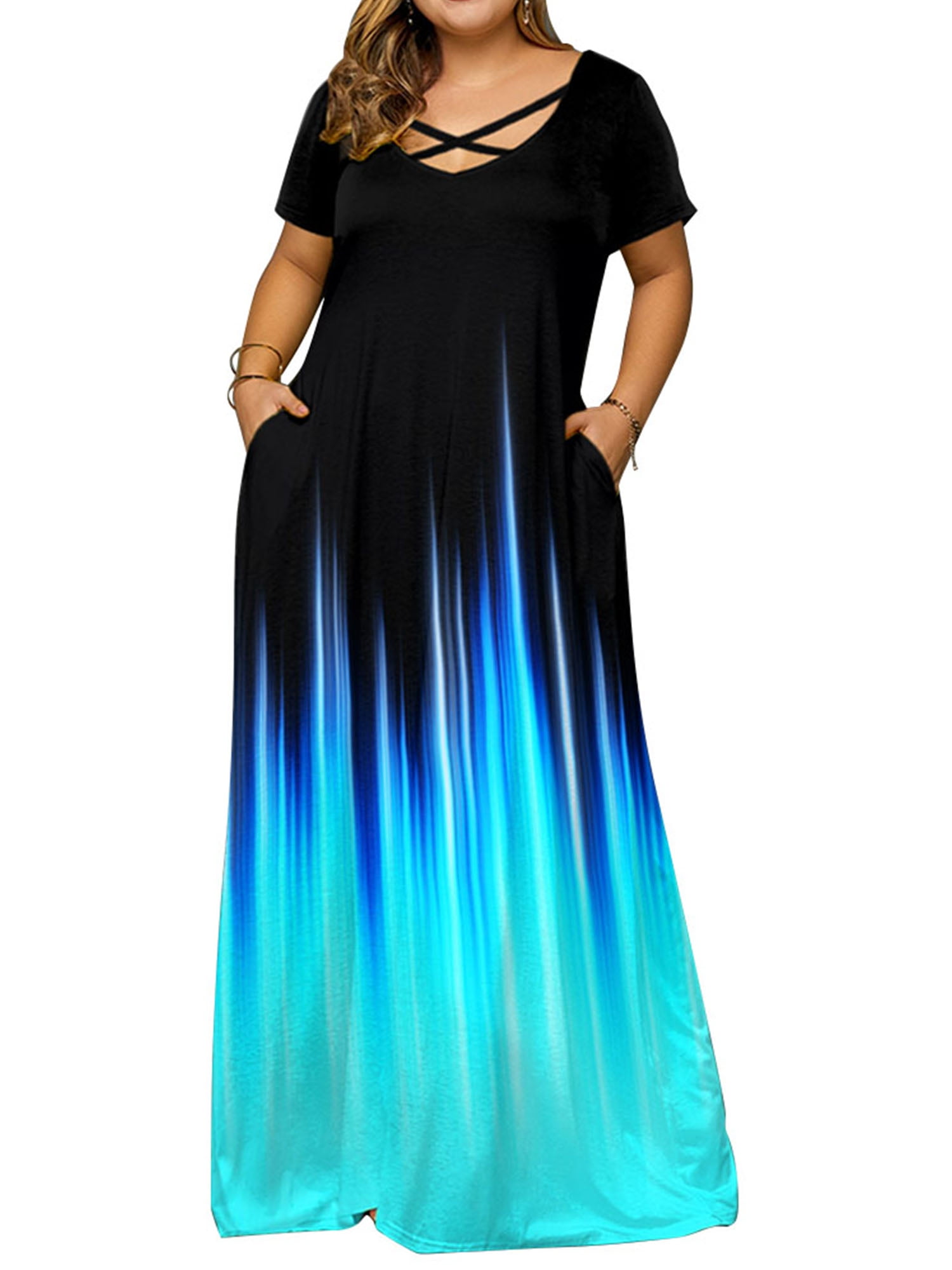 LilyLLL Womens Summer Casual Short Sleeve Printed Kaftan Maxi Dress ...