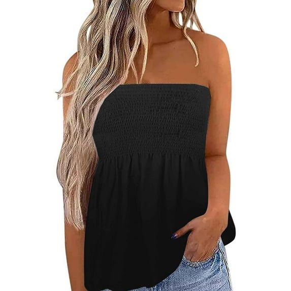 LilyLLL Womens Summer Off Shoulder Strapless Bandeau Tank Blouse Flowy Tops