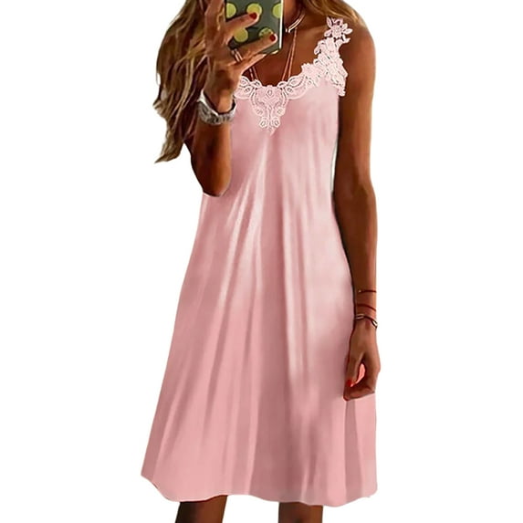 LilyLLL Womens Summer Sundress Solid Color Sleeveless V Neck Lace Swing Dress