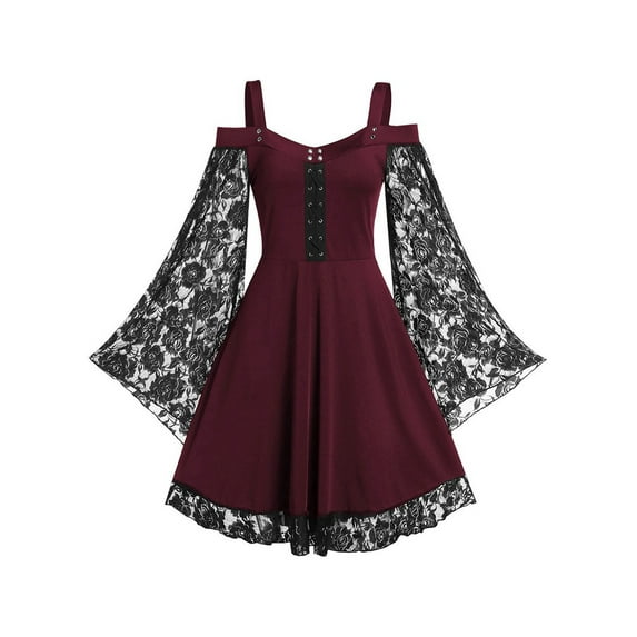 LilyLLL Womens Vintage Flared Bell Sleeve Halloween Costume Gothic Swing Dress