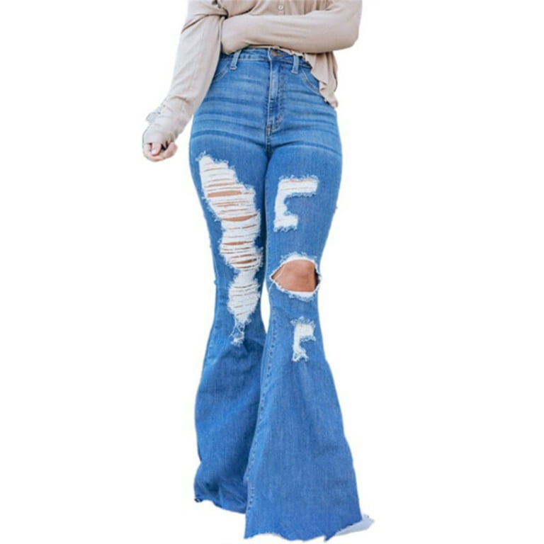 LilyLLL Womens Vintage Hippie Flared Bootcut Jeans Ripped Denim Pants Walmart