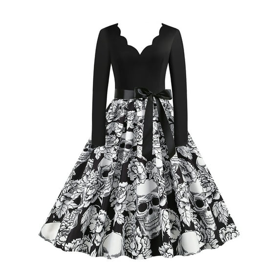 LilyLLL Womens Vintage Long Sleeve V Neck Bowknot Swing Dress Halloween Costume