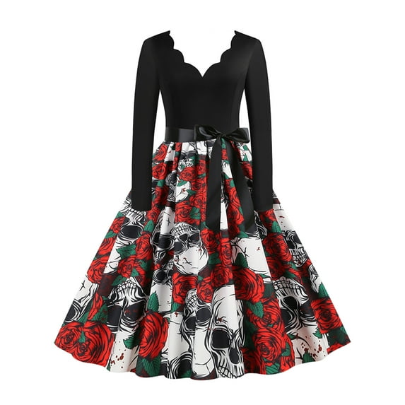 LilyLLL Womens Vintage Long Sleeve V Neck Bowknot Swing Dress Halloween Costume