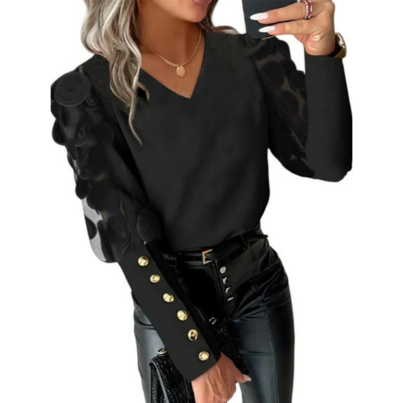 LilyLLL Womens Vintage Puff Sleeve Patchwork V Neck Buttons Blouse Shirt Tops