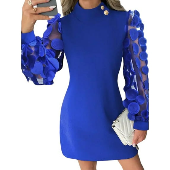 LilyLLL Womens Vintage Puff Sleeve Turtle Neck Mesh Sheer Patchwork Mini Dress