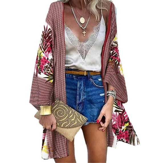 LilyLLL by LilyLLL Boho Floral Open Front Cardigan, Plus Size Blouse & Top, Sizes M-5XL