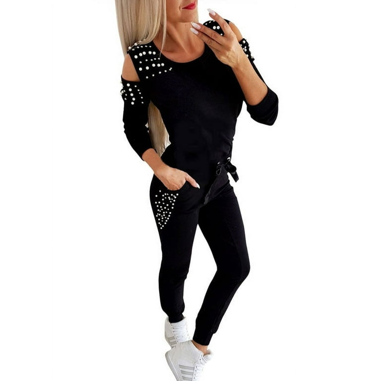 Two Piece Set Pearls Tracksuit Beads Long Sleeve Leisure Jogger