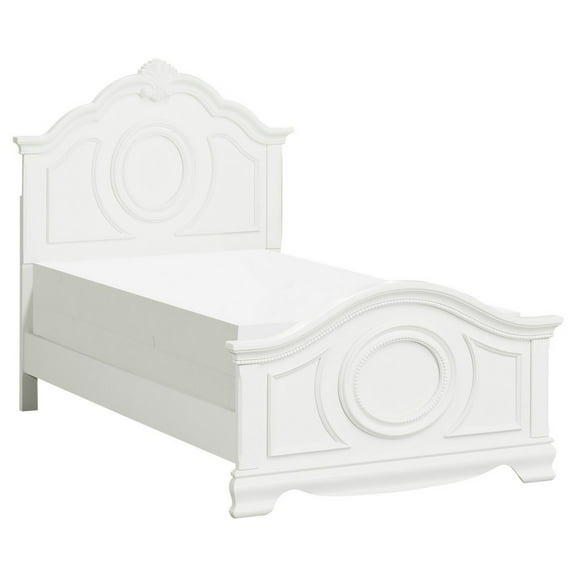 Lilya Traditional Full Size Bed, Bead Molding and Shell Motif, Crisp White- Saltoro Sherpi