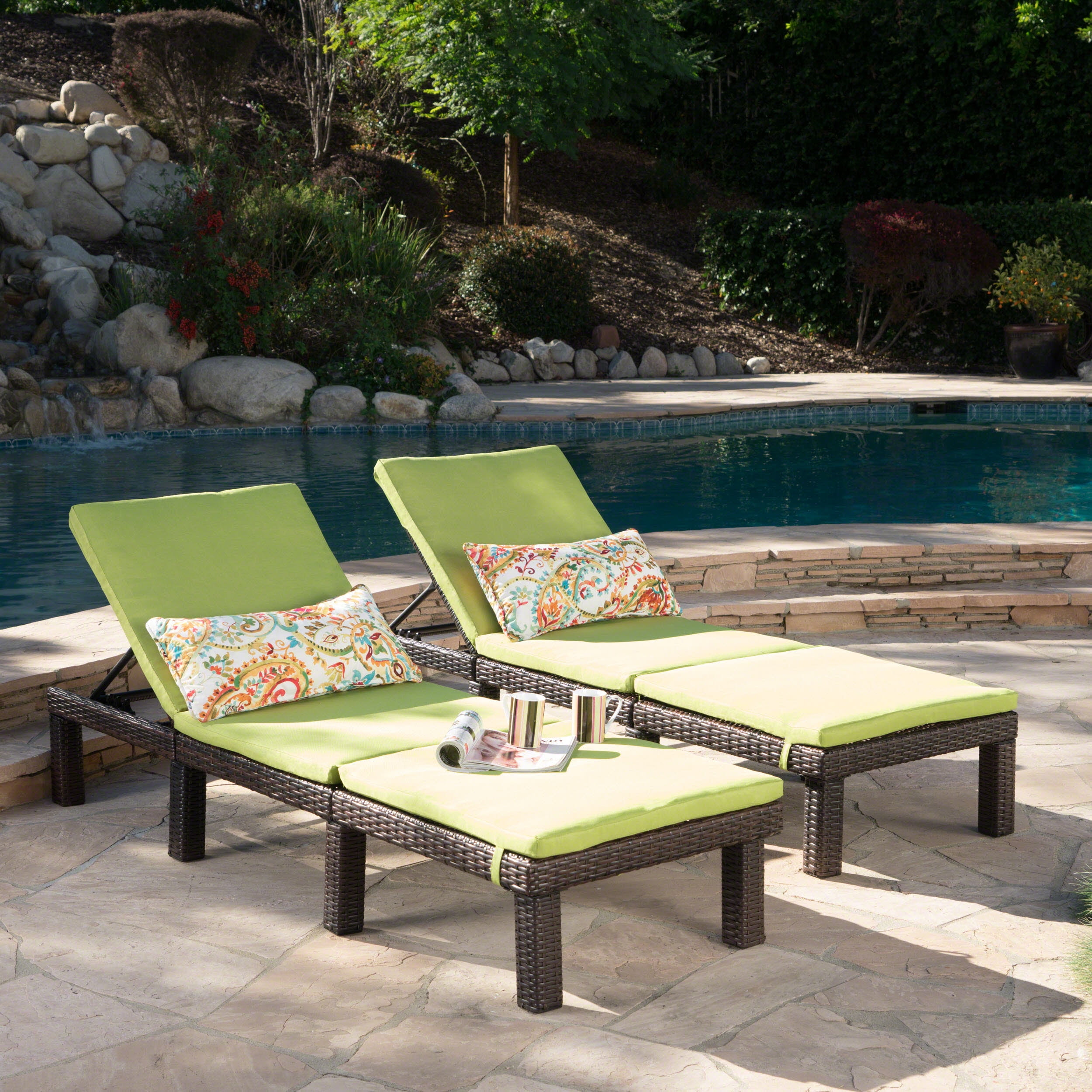 Multibrown Metal Outdoor Chaise Lounge with Green Cushions, Set of 2