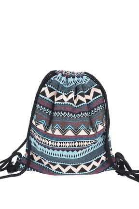 Womens Boho Chic Fabric Drawstring Backpack with Tribal Ethnic Designs