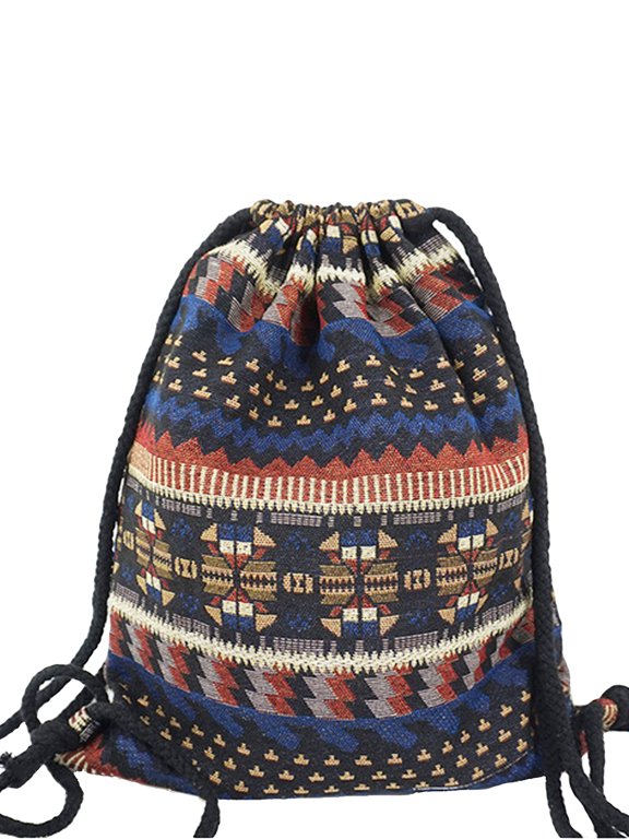 Womens Boho Chic Fabric Drawstring Backpack with Tribal Ethnic Designs