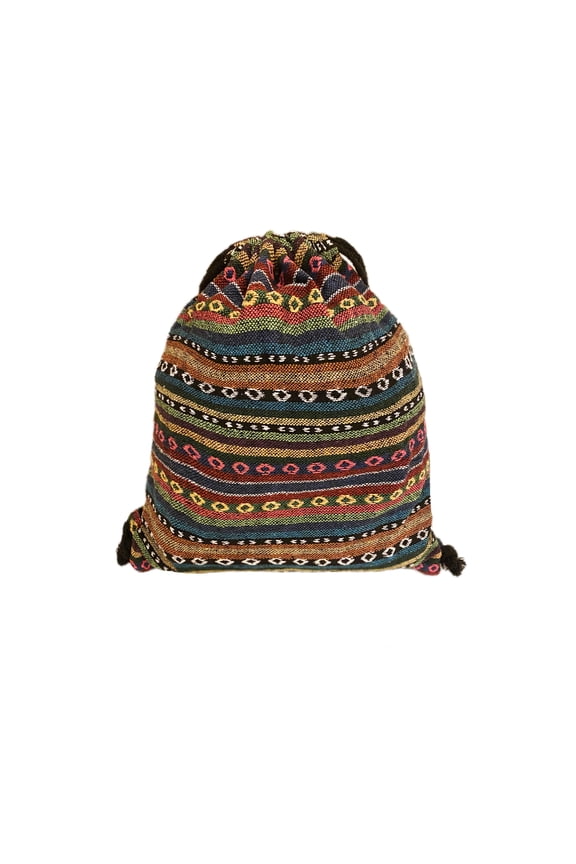 Womens Boho Chic Fabric Drawstring Backpack with Tribal Ethnic Designs