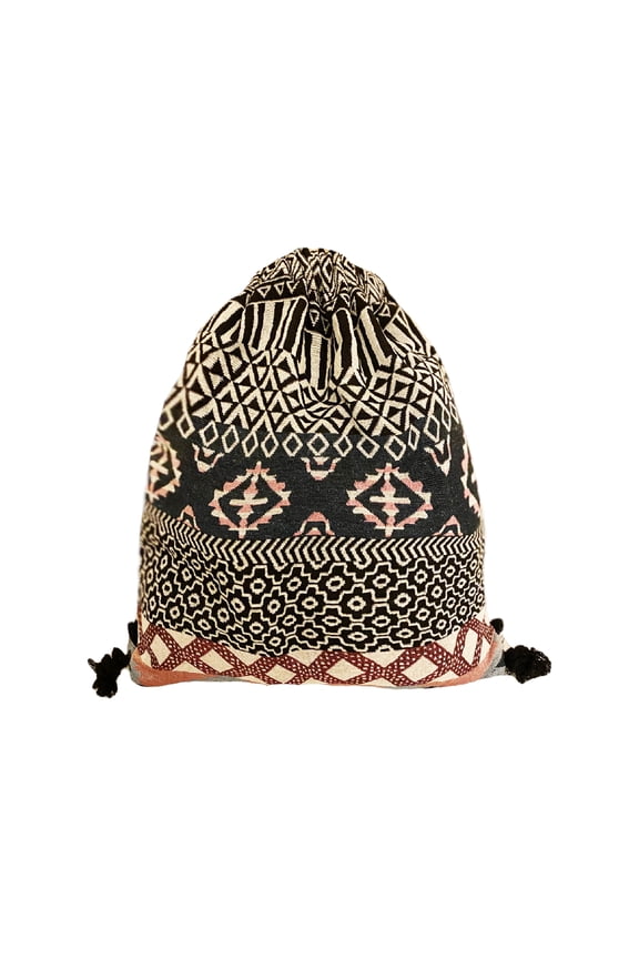 Womens Boho Chic Fabric Drawstring Backpack with Tribal Ethnic Designs