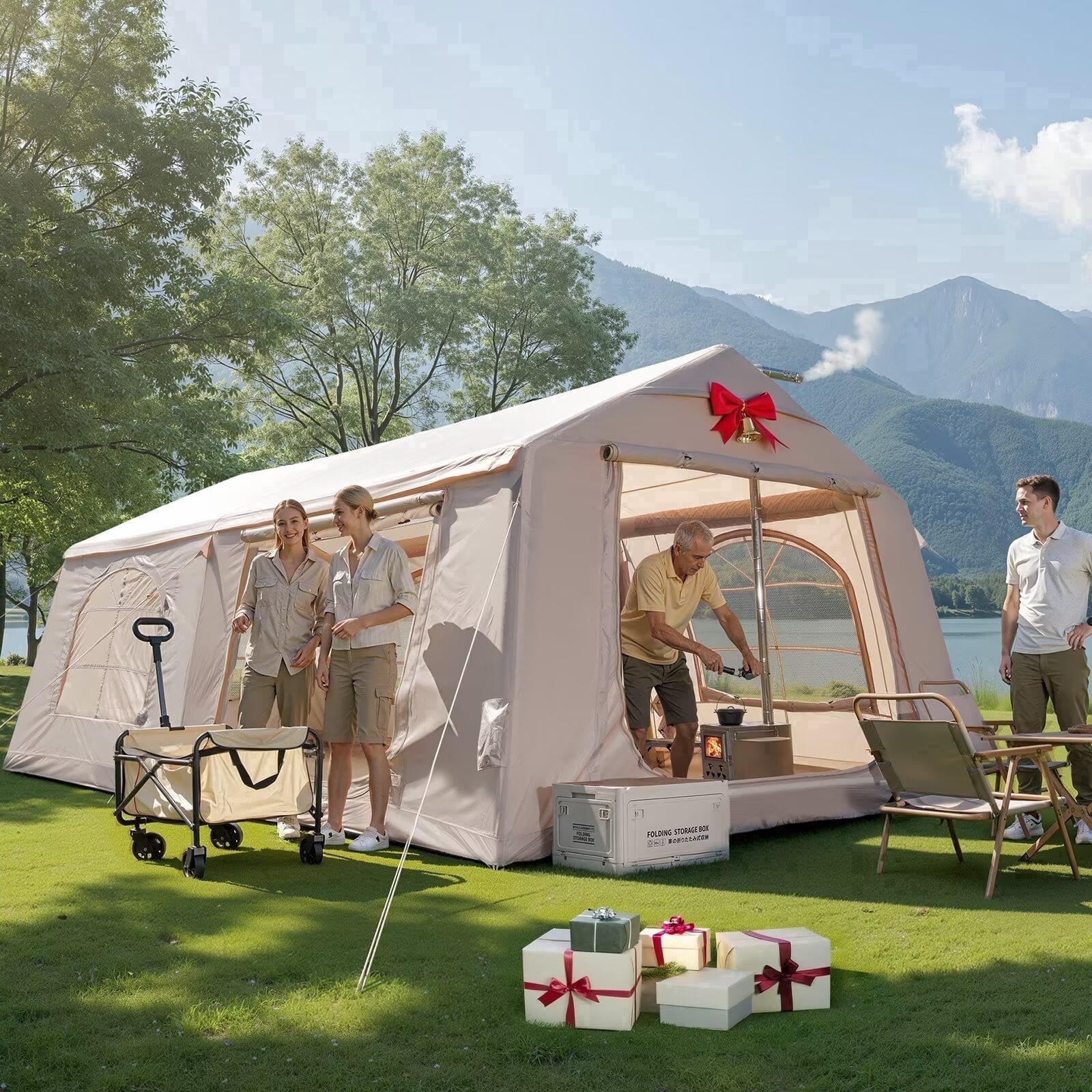 Lilypelle 10 Person Blow Up Camping Inflatable Tent w/ Stove Jack