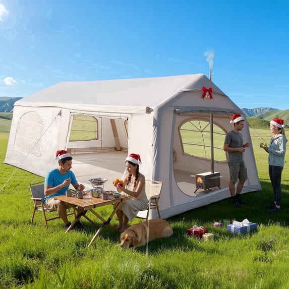 Lilypelle 12 Person Blow Up Camping Inflatable Tent w/ Stove Jack & AC Port, 18.4′x9.8′x6.9′Waterproof Oxford 2 Room Air Tent,Easy Setup Glamping Inflatable House w/ Stove Jack
