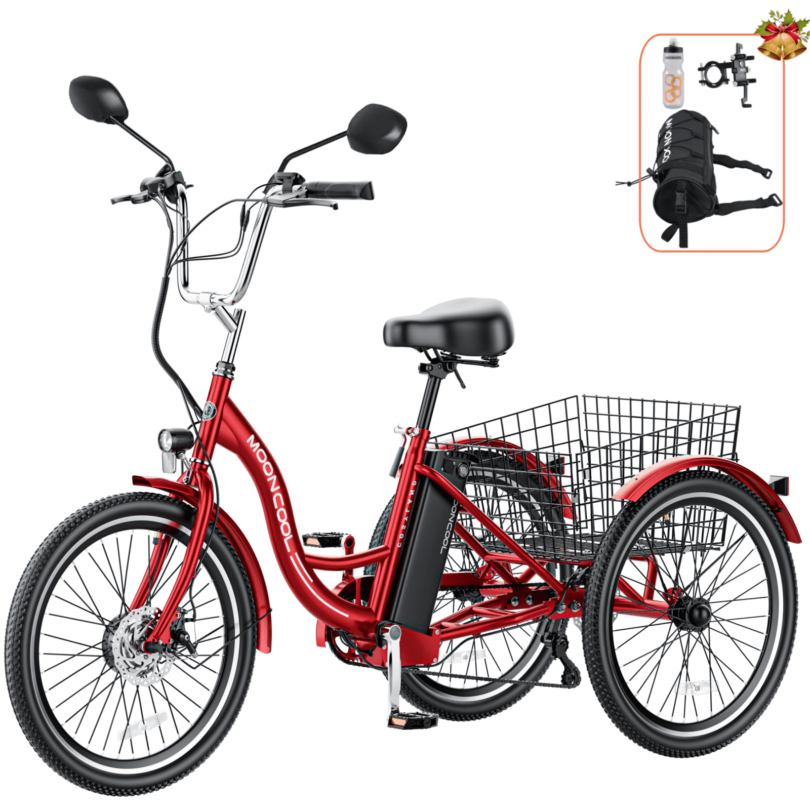 Lilypelle 24" 26" 3 Wheel Electric Tricycle for Adults, 350W 36V 7 Speeds Motorized Electric Trike Three Wheel Electric Bikes Bicycle with Large Basket for Women Men,Red