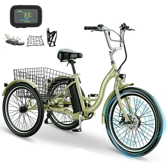 Lilypelle 24" 26" 3 Wheel Electric Tricycle for Adults, 350W 36V 7 Speeds Motorized Electric Trike Three Wheel Electric Bikes Bicycle with Large Basket for Women Men,Green