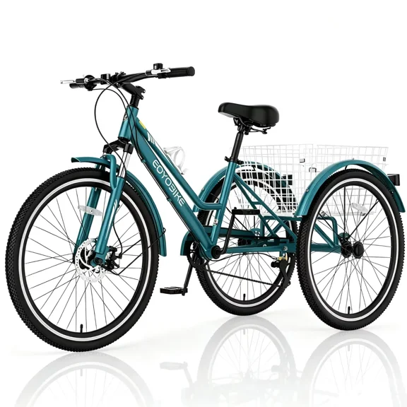 Lilypelle Adult Mountain Tricycle, 7 Speed 3 Wheel Bike, 24/26/27 Inch Adult Trikes w/ Front Suspension, All Terrain Tires, Large Rear Basket, Disc Brakes, Bottle Cage for Seniors, Women, Men