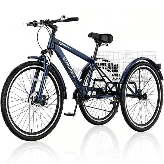 Lilypelle Adult Mountain Tricycle, 7 Speed 3 Wheel Bike, 24/26/27 Inch Adult Trikes w/ Front Suspension, All Terrain Tires, Large Rear Basket, Disc Brakes, Bottle Cage for Seniors, Women, Men