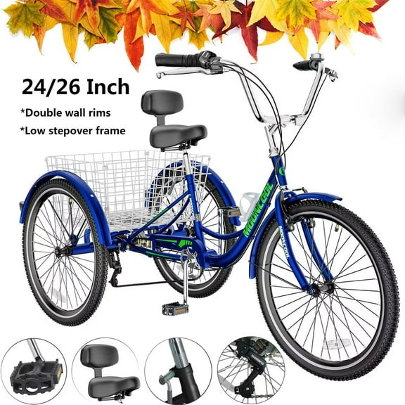Lilypelle 24"/26" Adult Tricycle 3 Wheel Trike Low Stand-over Frame Bike with Shimano Derailleur,Large Rear Basket,Double Wall Rims