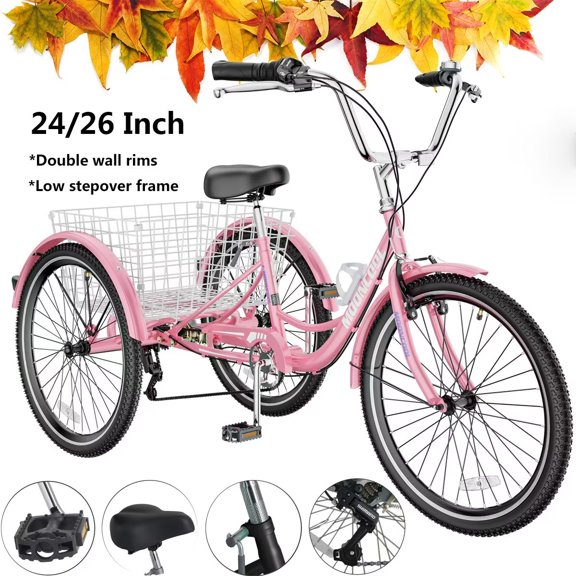 Lilypelle 24"/26" Adult Tricycle 3 Wheel Trike Low Stand-over Frame Bike with Shimano Derailleur,Large Rear Basket,Double Wall Rims