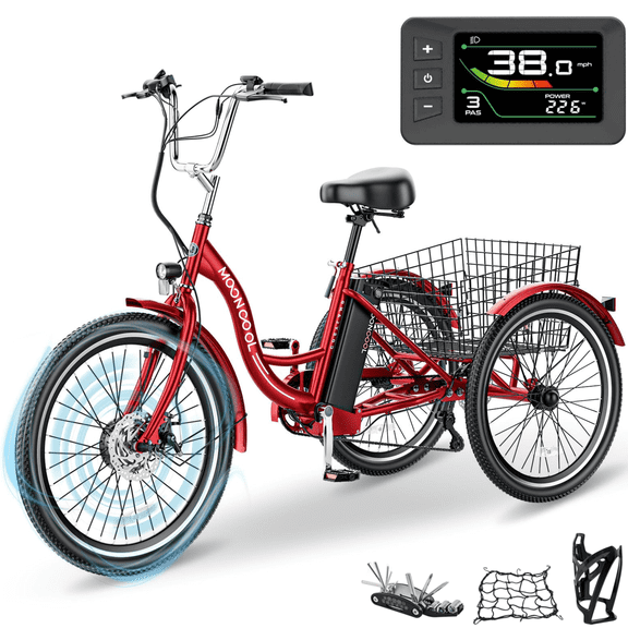 Lilypelle 24" Electric Tricycle for Adults, 350W 36V 7 Speeds Motorized Electric Trike,Three Wheel Electric Bikes Bicycle with Large Basket for Women Men,Red