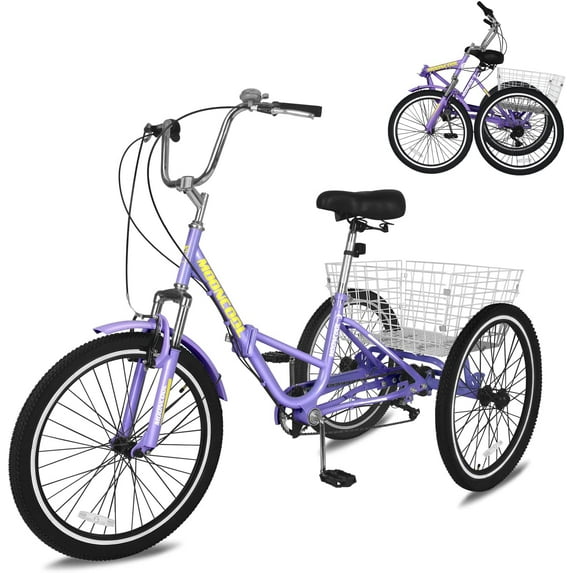 Lilypelle 26" Adult Tricycle Folding Tricycle 3 Wheel Bikes 7 Speed Trikes with Shopping Basket for Seniors,Purple