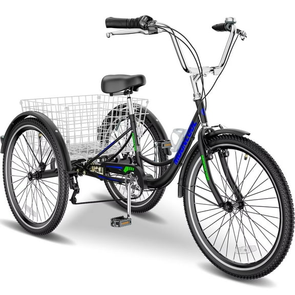 Lilypelle 26" Wheels 7 Speed Tricycle with Shopping Basket for Adult Seniors,Low Step Through Bike,Black