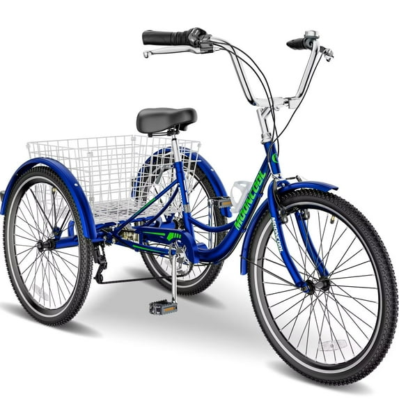 Lilypelle 26" Wheels 7 Speed Tricycle with Shopping Basket for Adult Seniors,Low Step Through Bike,Blue