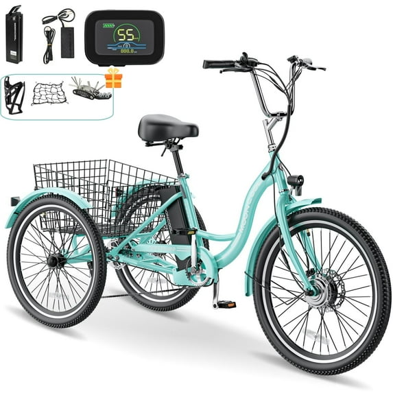 Lilypelle 350W Motorized Electric Trike, 7 Speed 3 Wheel Electric Bicycle with 36V Lithium Battery, 26" Electric Tricycle for Unisex Adults with Rear Basket