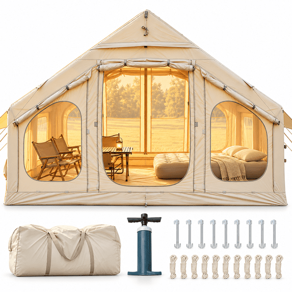 Lilypelle 4-6 Person Inflatable Hot Tent w/ Stove Jack & Stargazing Skylight, 4-Season Waterproof Camping Glamping House, Quick 5-Min Setup with Hand Pump,10′x 6.9′x 6.4′