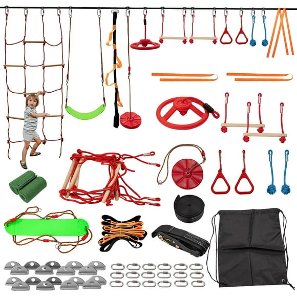 Lilypelle 60FT Ninja Warrior Obstacle Course (10 Obstacles), Ninja Slackline Kit for Kids, Durable Playset Equipment with 13 Most Complete Set-Monkey Bar,Swing, Balance belt, Climbing Ladder & Net