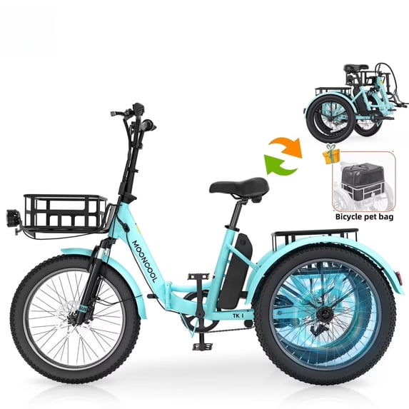 Lilypelle Electric Folding Tricycle for Adults & Seniors,three 20*3in Fat Tires Ebike with 500W Motor & 48v 14.5Ah Detachable lithium battery,Cyan