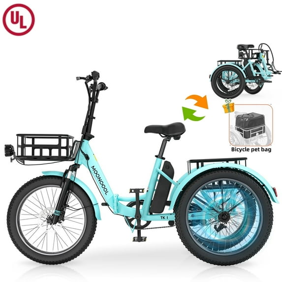 Lilypelle Electric Folding Tricycle for Adults & Seniors,three 20*3in Fat Tires Ebike with 500W Motor & 48v 14.5Ah Detachable lithium battery,Cyan