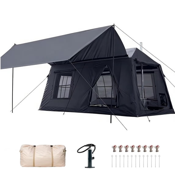 Lilypelle 8-10 Person Blow Up Inflatable Tent, with Removable Canopy and Stove Jack, 2 Room Instant Setup Air Cabin, Waterproof Oxford Hot Camping Tent for Family Glamping