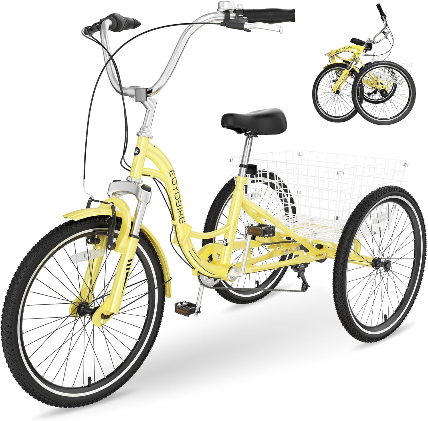 Lilypelle Adult Folding Tricycle with Low Step Through 7 Speed Three Wheel Foldable Cruiser Bike Trike with Cargo Basket for Women Men Seniors Cyan