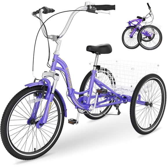 Lilypelle Adult Folding Tricycle with Low Step Through,20/24/26 inch 3 Wheel 7-Speed Foldable Cruiser Bike Trike with Cargo Basket for Women, Men, Seniors