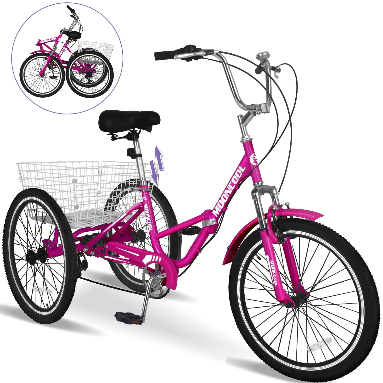 Lilypelle Adult Folding Tricycle with Low Step Through,7-Speed Three Wheel Foldable Cruiser Bike Trike with Cargo Basket for Women, Men, SeniorsRose Red
