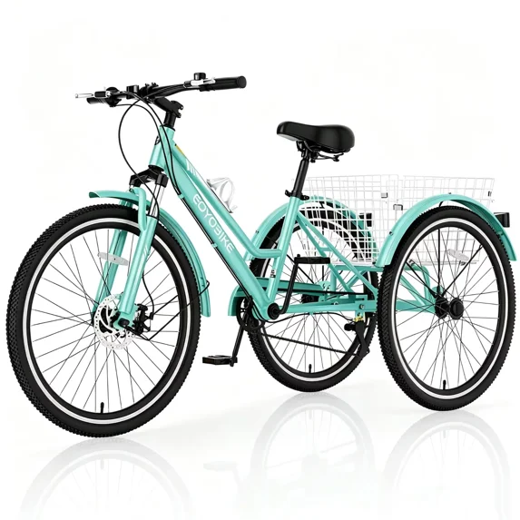 Lilypelle Adult Mountain Tricycle, 7 Speed 3 Wheel Bike, 24/26/27 Inch Adult Trikes w/ Front Suspension, All Terrain Tires, Large Rear Basket, Disc Brakes, Bottle Cage for Seniors, Women, Men