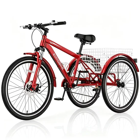 Lilypelle Adult Mountain Tricycle, 7 Speed 3 Wheel Bike, 24/26/27 Inch Adult Trikes w/ Front Suspension, All Terrain Tires, Large Rear Basket, Disc Brakes, Bottle Cage for Seniors, Women, Men