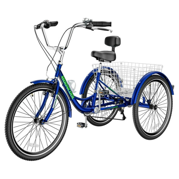 Lilypelle Adult Tricycle 24" Wheels Low Stepover Frame Bike, 7-Speed Shimano Derailleur Trike, 3 Wheels Bike with Basket, Blue