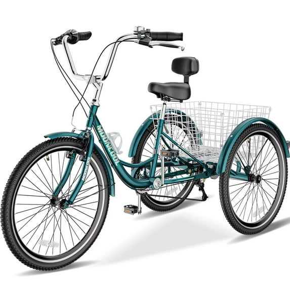 Lilypelle Adult Tricycle 24" Wheels Low Stepover Frame Bike, 7-Speed Shimano Derailleur Trike, 3 Wheels Bike with Basket, Dark Green