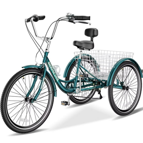 Lilypelle Adult Tricycle 24" Wheels Low Stepover Frame Bike, 7-Speed Shimano Derailleur Trike, 3 Wheels Bike with Basket, Dark Green