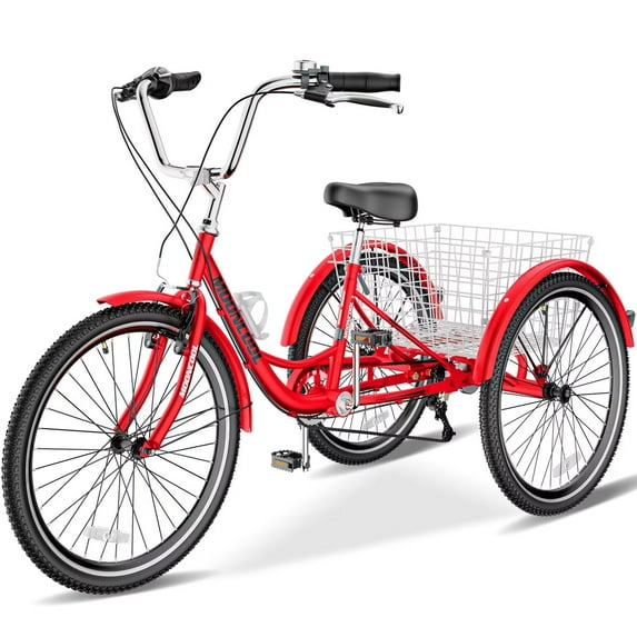 Lilypelle Adult Tricycle 24" Wheels Low Stepover Frame Bike, 7-Speed Shimano Derailleur Trike, 3 Wheels Bike with Basket, Red
